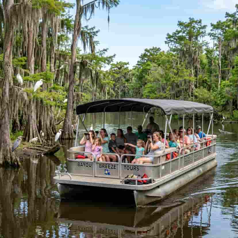 Covered pontoon boat in Louisiana swamp