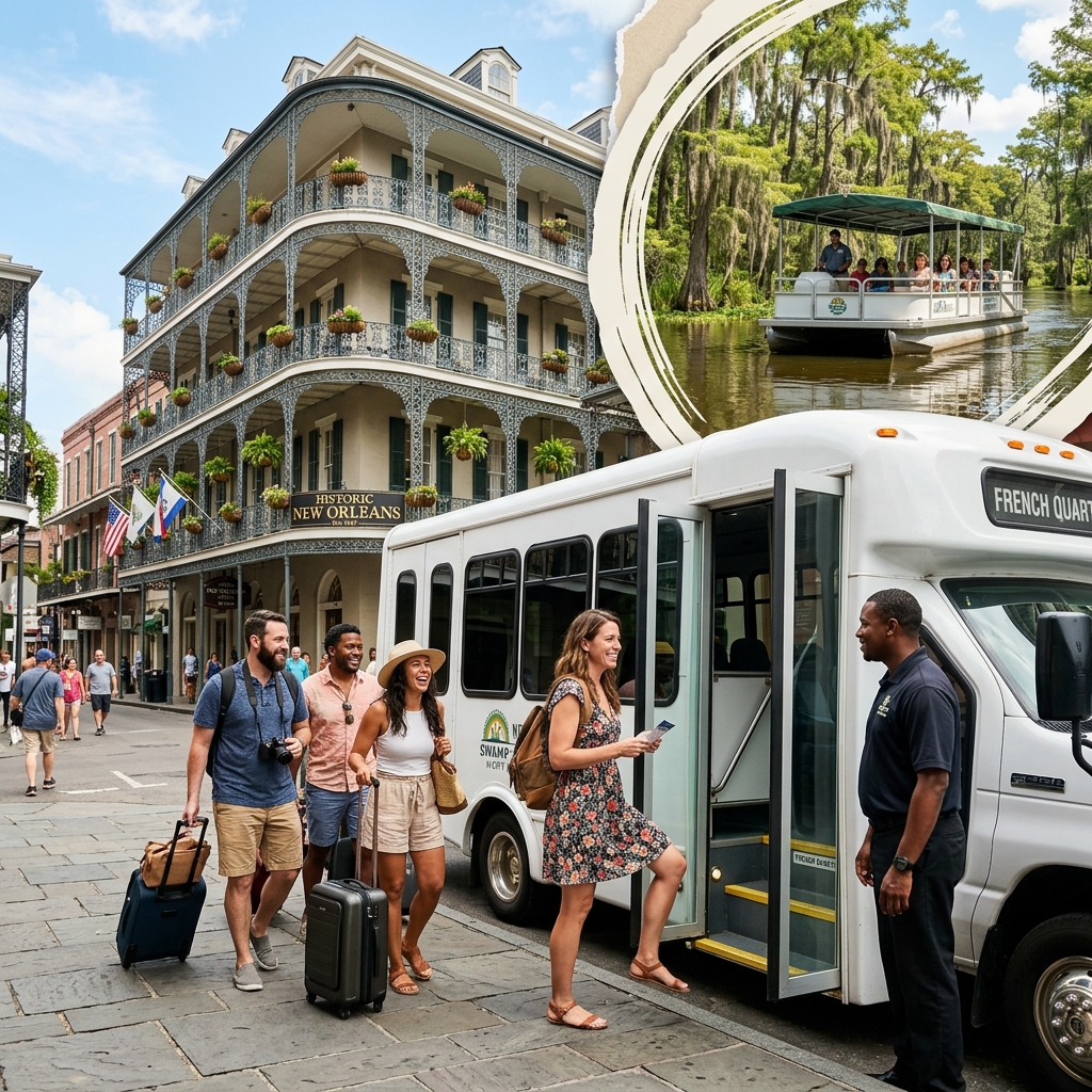 Coach transportation departing for New Orleans swamp tour
